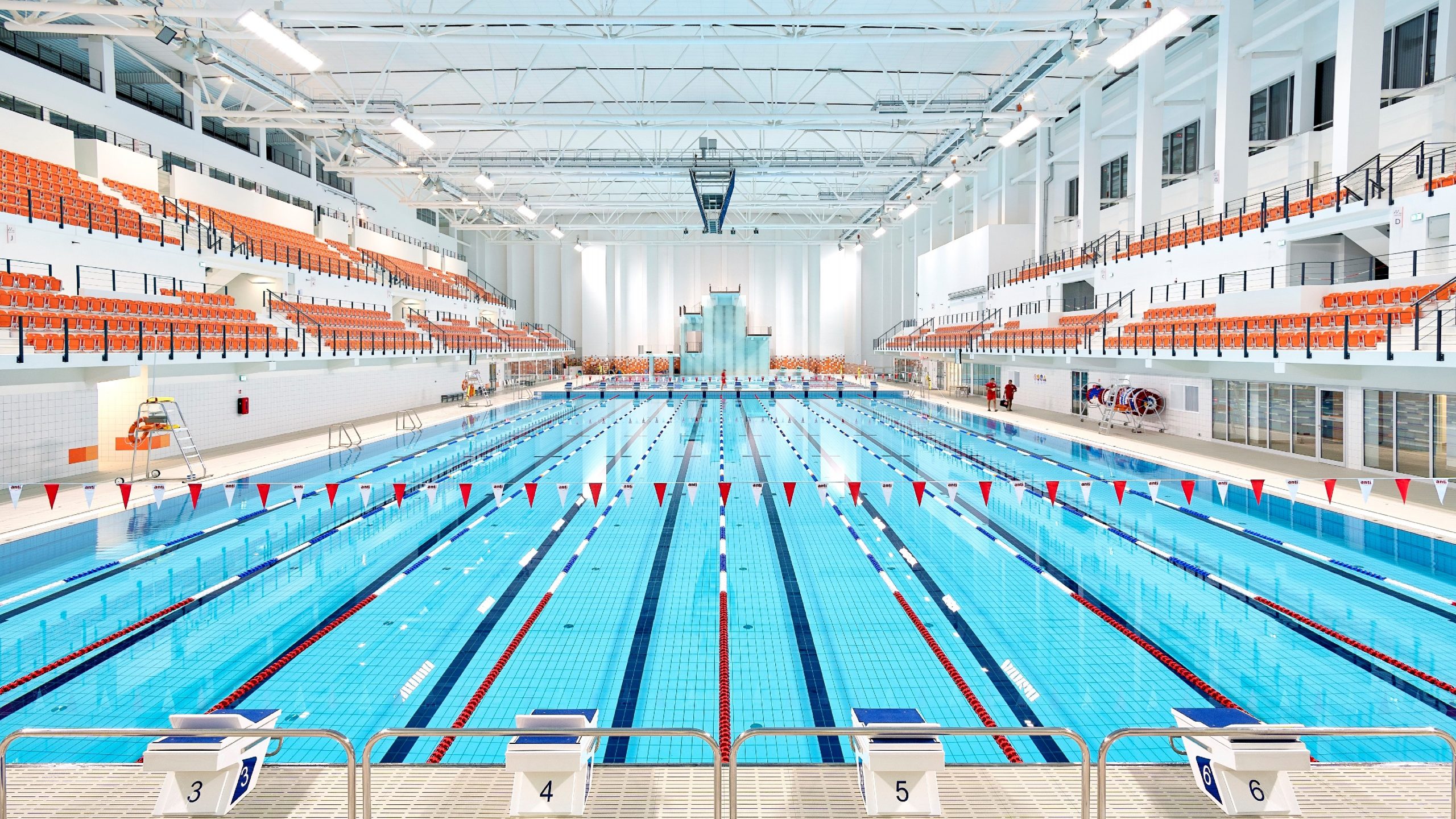REITA 720W LED flood lights illuminating an indoor competition swimming pool at the 2017 World Games in Wrocław, Poland