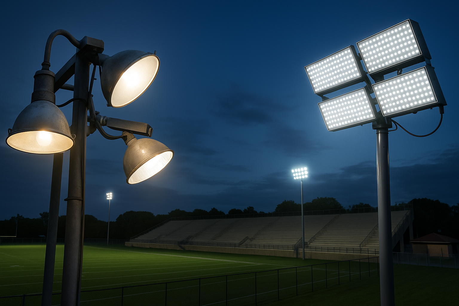 LED lighting upgrade replacing old metal halide fixtures on a sports field to improve brightness and cut energy costs