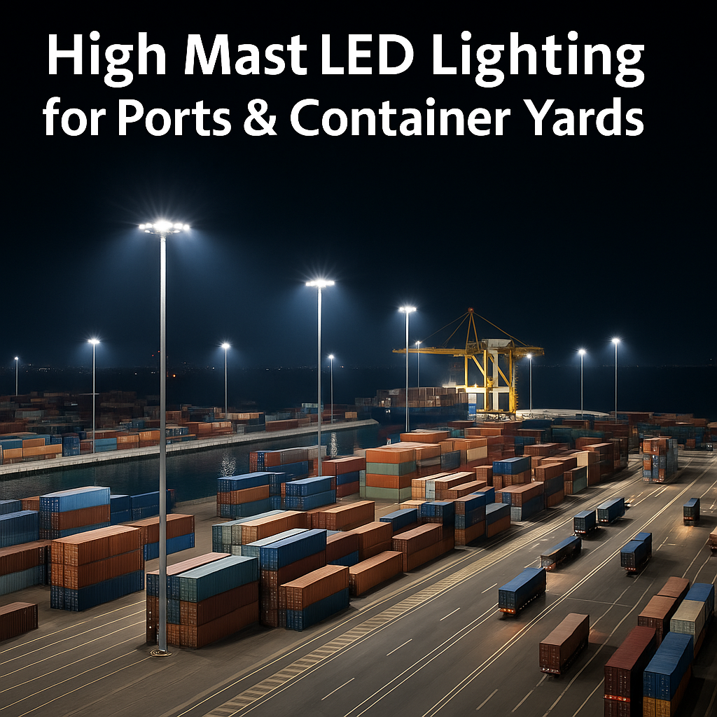 High mast LED flood lights illuminating a container yard and truck lanes at night to improve safety and visibility