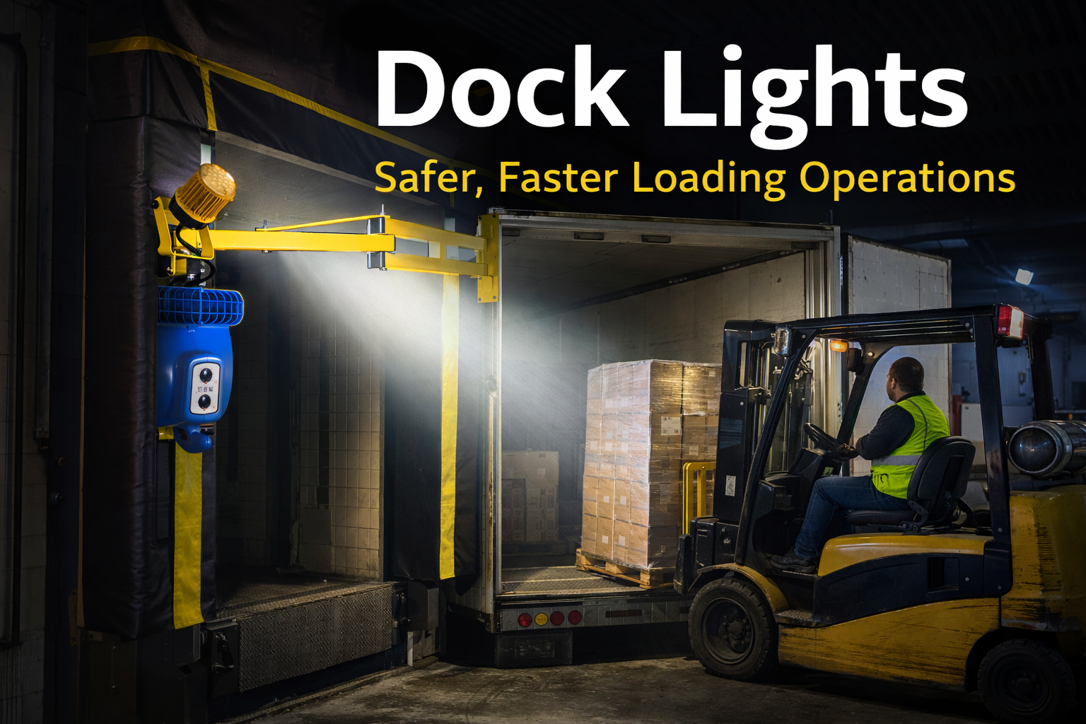 LED dock lights illuminating a warehouse loading dock and trailer interior