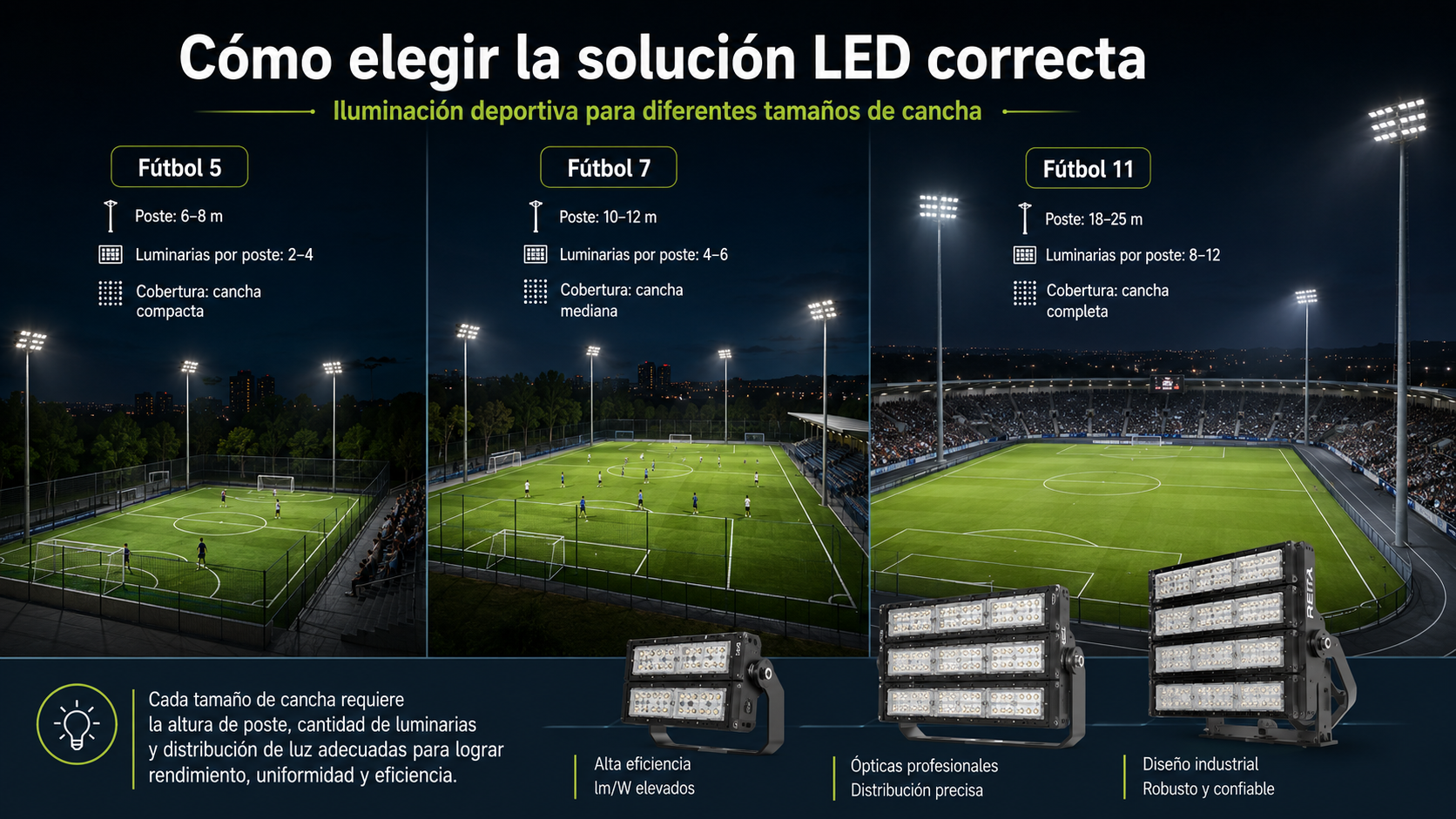 Iluminación LED para canchas de fútbol 5 7 y 11 en Latinoamérica