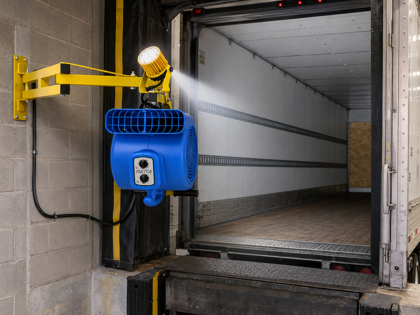 Dock loading light installation showing mounting height and arm positioning at a warehouse dock